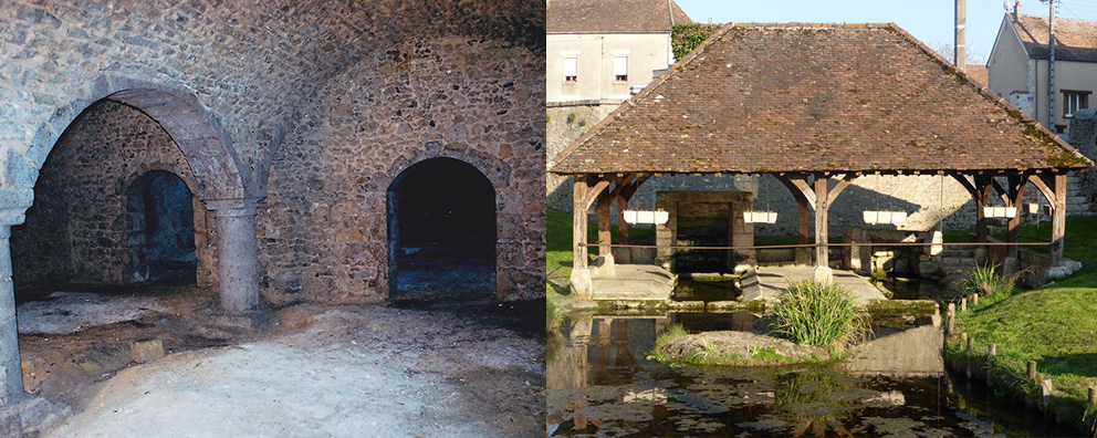 Emplacement de la roue de l'ancien moulin à tan sur la Cléry, au cœur du vieux quartier des tanneurs du village. Le puits de la Cour du Couvent, à l'entrée de l'Abbaye.
